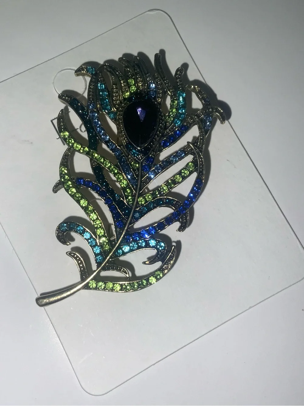 Peacock Feather Statement Brooch with Blue & Green Rhinestones